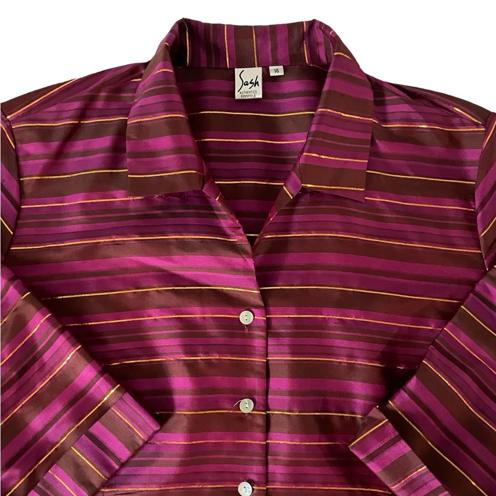[16] SASH Blouse silk 3/4 sleeve gold purple striped - Picture 5 of 7